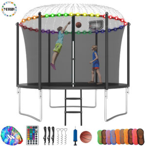 YORIN Trampoline, 8FT Trampoline with Enclosure Net, 800LBS Trampoline for 2-3 Kids Adults with Basketball Hoop