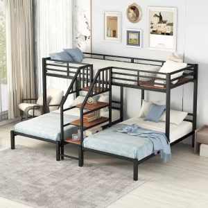 YORIN L-Shaped Triple Bunk Bed with Storage Shelves Staircase