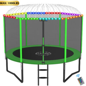 YORIN 10FT 8FT 12FT 14FT Trampoline with Enclusore Net, Sprinkler & LED Lights