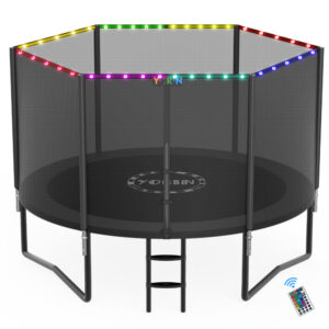 YORIN Trampoline for 2-3 Kids, 8FT 10FT 14FT 12FT Trampoline for Adults with Enclosure Net, Ladder, Light, 800LBS Heavy Duty Outdoor Round Trampoline, Safety Certified, Rust-Resistant Frame