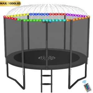 YORIN 10FT 8FT 12FT 14FT Trampoline with Enclusore Net, Sprinkler & LED Lights