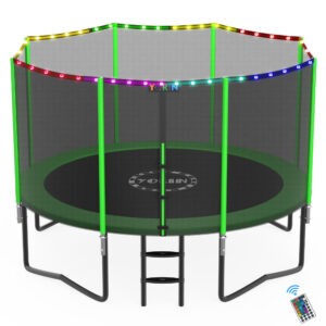 YORIN Trampoline for 2-3 Kids, 8 FT Trampoline for Adults with Enclosure Net, Ladder, Light, 800LBS Weight Capacity Outdoor Round Recreational Trampoline, Heavy Duty Trampoline