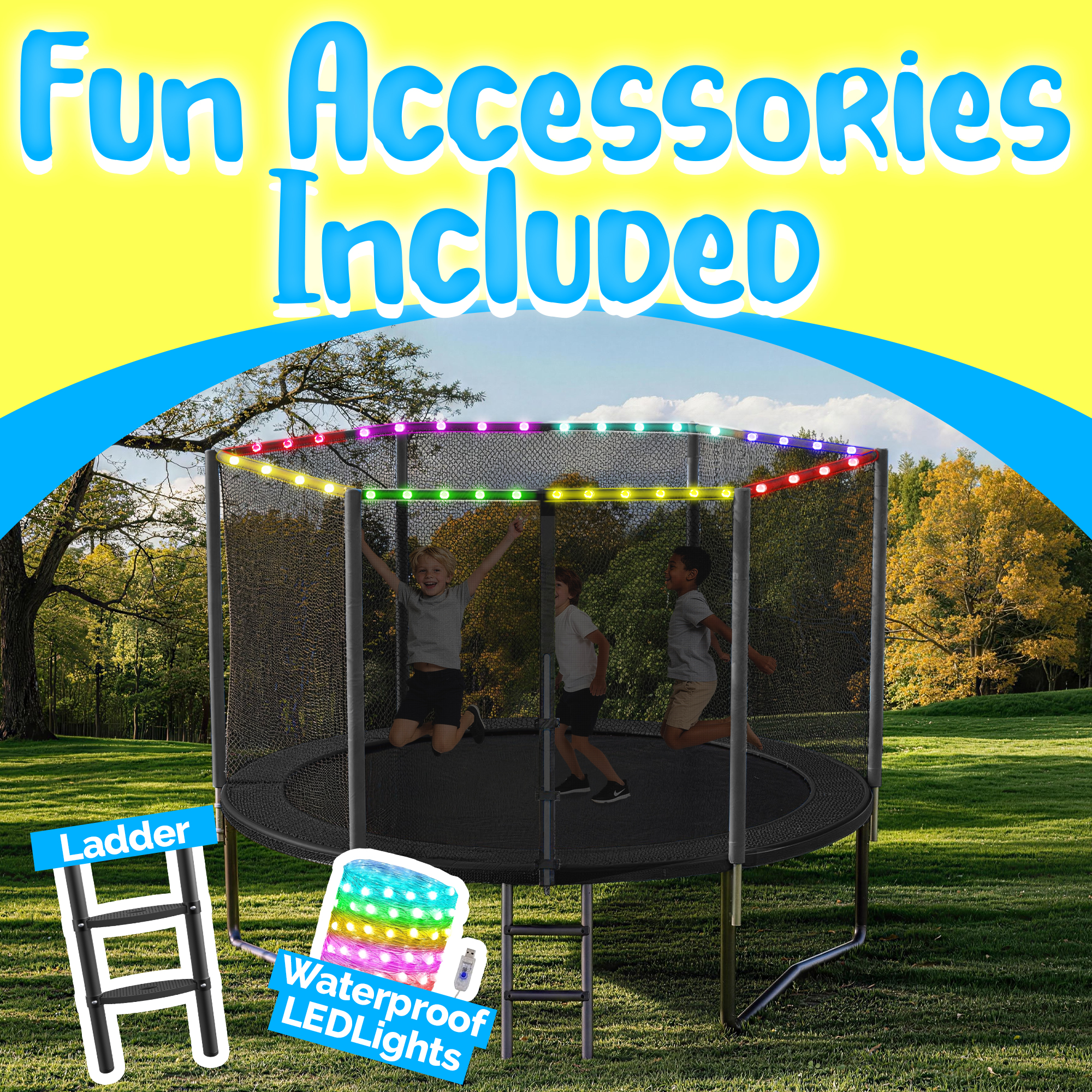 YORIN 12FT 14FT 8FT 10FT Trampoline with Enclusore Net, Sprinkler & LED Lights - Image 7