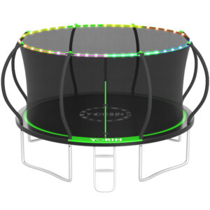 YORIN Trampoline for 4-5 Kids, 12FT 16FT 10FT 14FT Trampoline for Adults with Enclosure Net, Ladder, Light, 1200LBS Weight Capacity Outdoor Round Recreational Trampoline, Heavy Duty Trampoline, Green