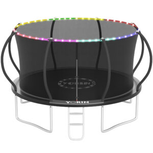 YORIN Trampoline for 4-5 Kids, 12FT 16FT 10FT 14FT Trampoline for Adults with Enclosure Net, Ladder, Light, 1200LBS Weight Capacity Outdoor Round Recreational Trampoline, Heavy Duty Trampoline, Black