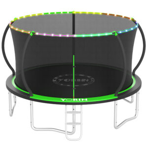 YORIN Trampoline for 5-6 Kids, 14 FT 10FT 12FT 16FT Trampoline for Adults with Enclosure Net, Ladder, Light, 1400LBS Weight Capacity Outdoor Round Recreational Trampoline, Heavy Duty Trampoline, Green