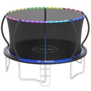 YORIN Trampoline for 5-6 Kids, 14 FT 10FT 12FT 16FT Trampoline for Adults with Enclosure Net, Ladder, Light, 1400LBS Weight Capacity Outdoor Round Recreational Trampoline, Heavy Duty Trampoline