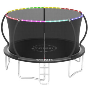 YORIN Trampoline for 5-6 Kids, 14 FT 10FT 12FT 16FT Trampoline for Adults with Enclosure Net, Ladder, Light, 1400LBS Weight Capacity Outdoor Round Recreational Trampoline, Heavy Duty Trampoline, Black