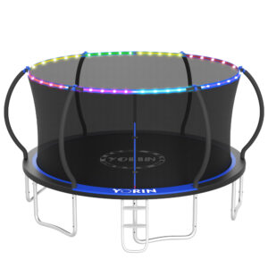 YORIN Trampoline for 8-9 Kids, 16 FT 14FT 10FT 12FT Trampoline for Adults with Enclosure Net, Ladder, Light, 1500LBS Weight Capacity Outdoor Round Recreational Trampoline, Heavy Duty Trampoline, Blue