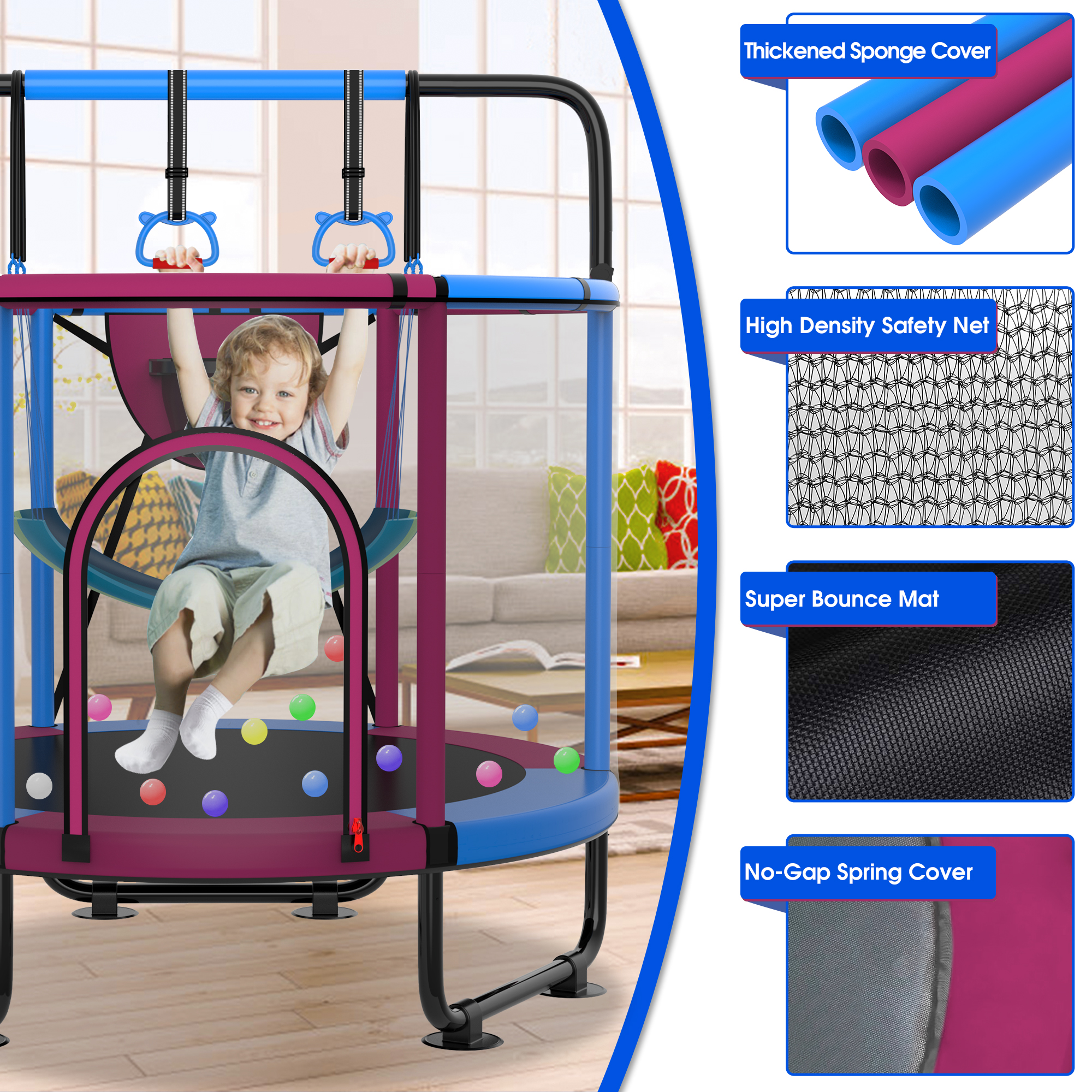YORIN Trampoline for Kids, 5FT Toddler Mini Trampoline with Enclosure Net, Basketball Hoop, 60'' Indoor/Outdoor Kids Trampoline with Swing, Adjustable Gymnastics Bars, Gifts for Boys & Girls, 600LBS, Deep Pink - Image 3
