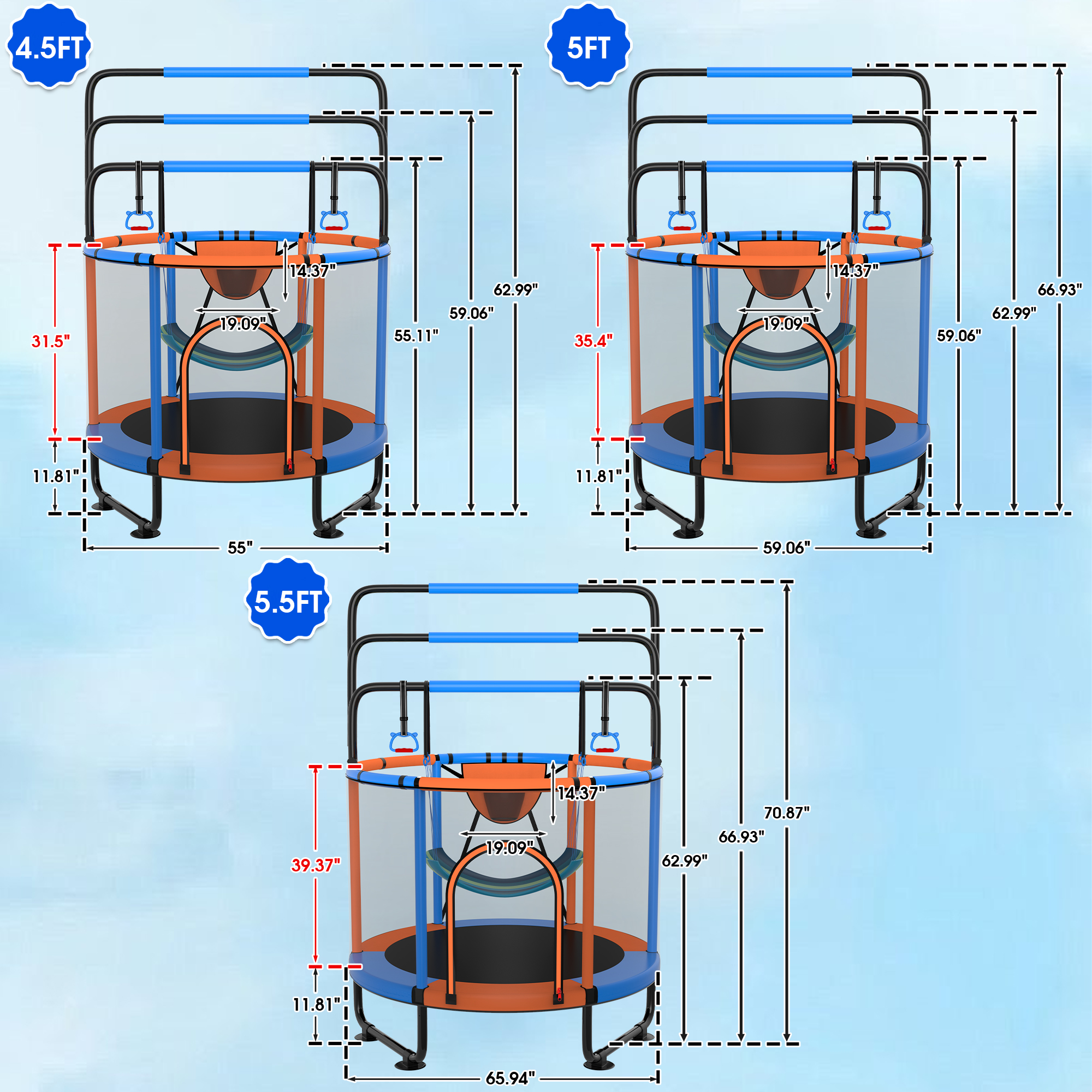YORIN Trampoline for Kids, 5FT Toddler Mini Trampoline with Enclosure Net, Basketball Hoop, 60'' Indoor/Outdoor Kids Trampoline with Swing, Adjustable Gymnastics Bars, Gifts for Boys & Girls, 600LBS, Orange - Image 2