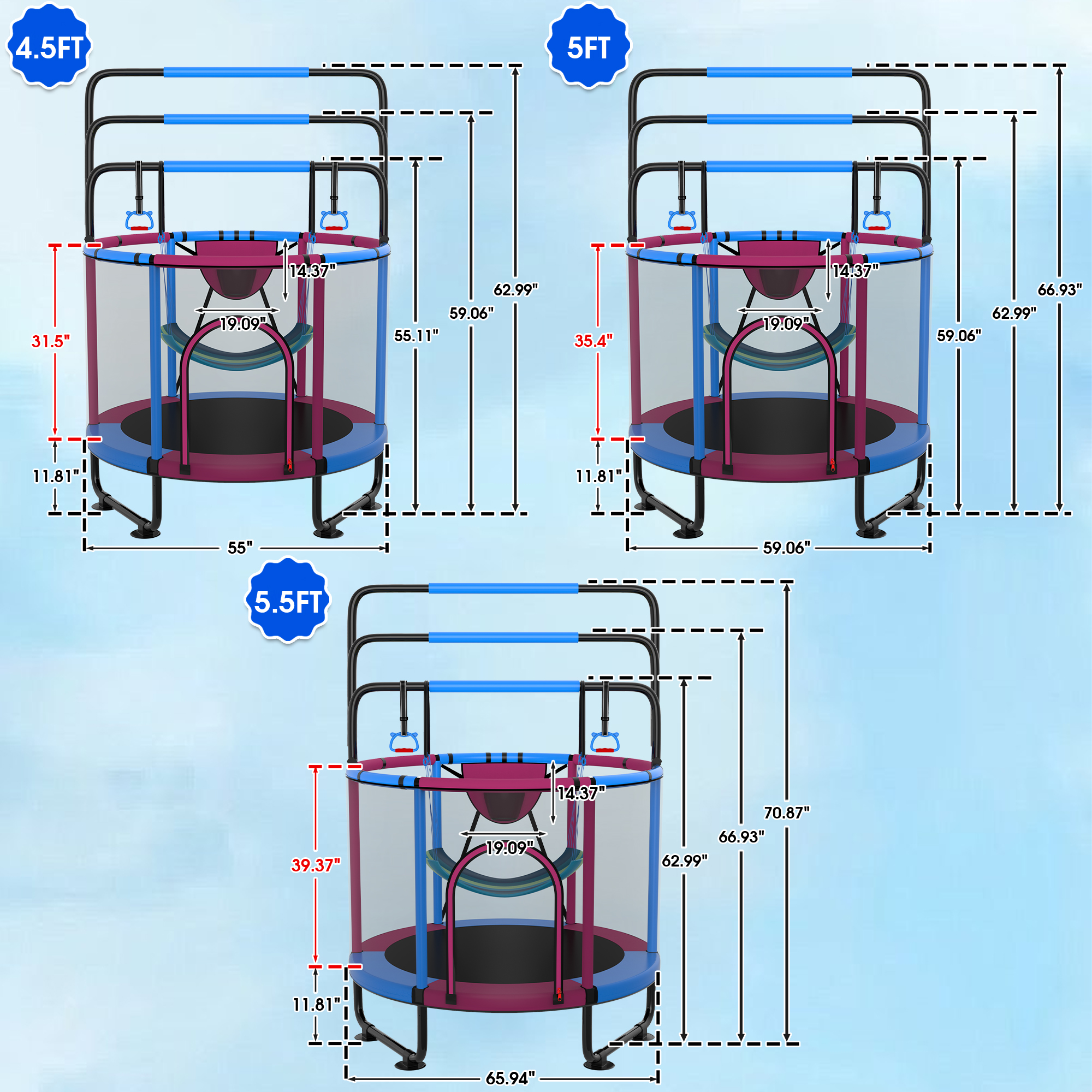 YORIN Trampoline for Kids, 5FT Toddler Mini Trampoline with Enclosure Net, Basketball Hoop, 60'' Indoor/Outdoor Kids Trampoline with Swing, Adjustable Gymnastics Bars, Gifts for Boys & Girls, 600LBS, Deep Pink - Image 4