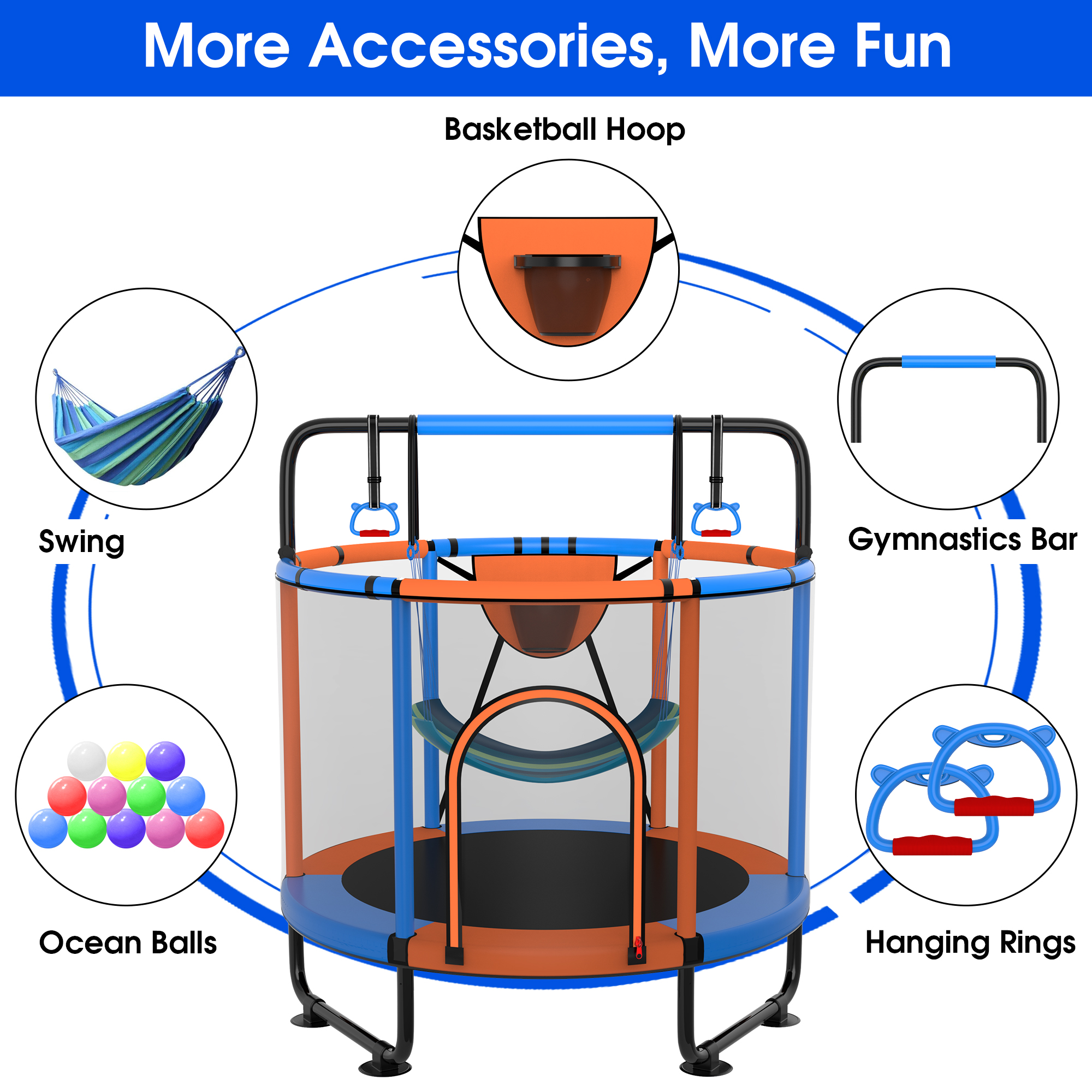 YORIN Trampoline for Kids, 5FT Toddler Mini Trampoline with Enclosure Net, Basketball Hoop, 60'' Indoor/Outdoor Kids Trampoline with Swing, Adjustable Gymnastics Bars, Gifts for Boys & Girls, 600LBS, Orange - Image 3