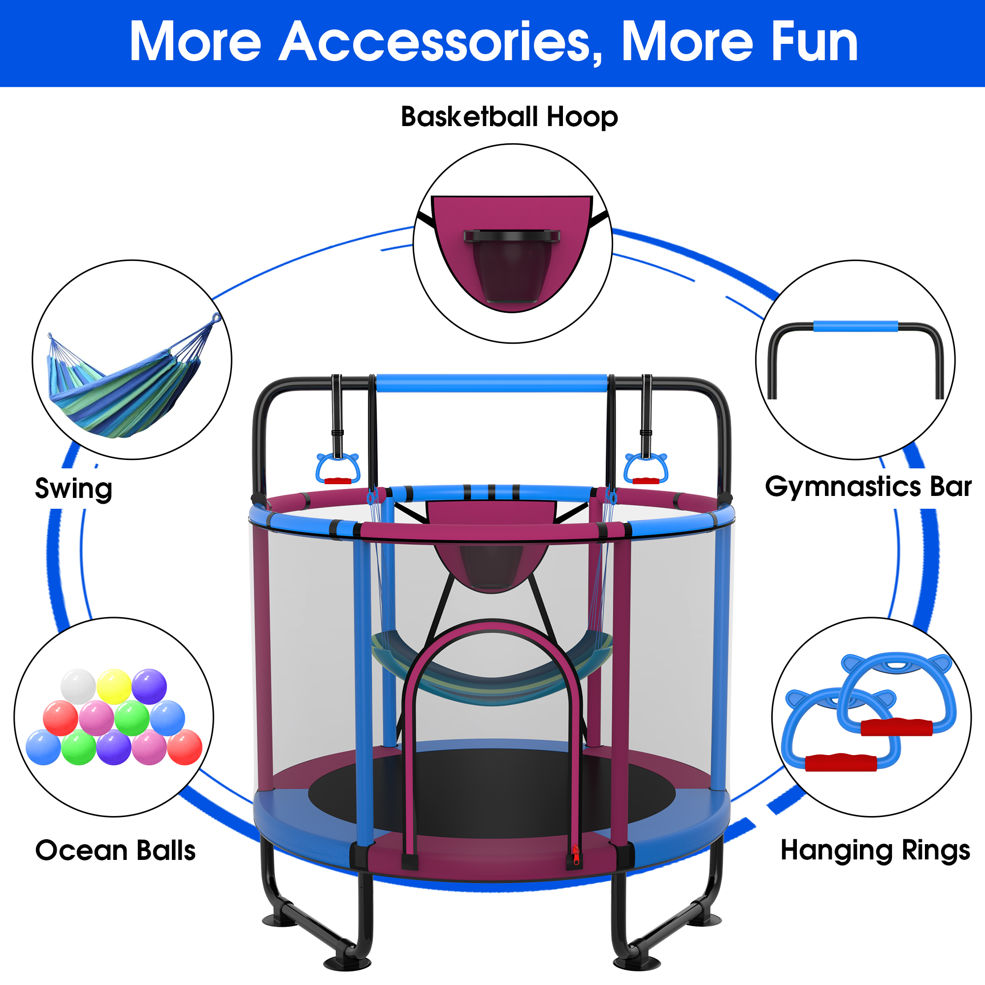 YORIN Trampoline for Kids, 5FT Toddler Mini Trampoline with Enclosure Net, Basketball Hoop, 60'' Indoor/Outdoor Kids Trampoline with Swing, Adjustable Gymnastics Bars, Gifts for Boys & Girls, 600LBS, Deep Pink - Image 5