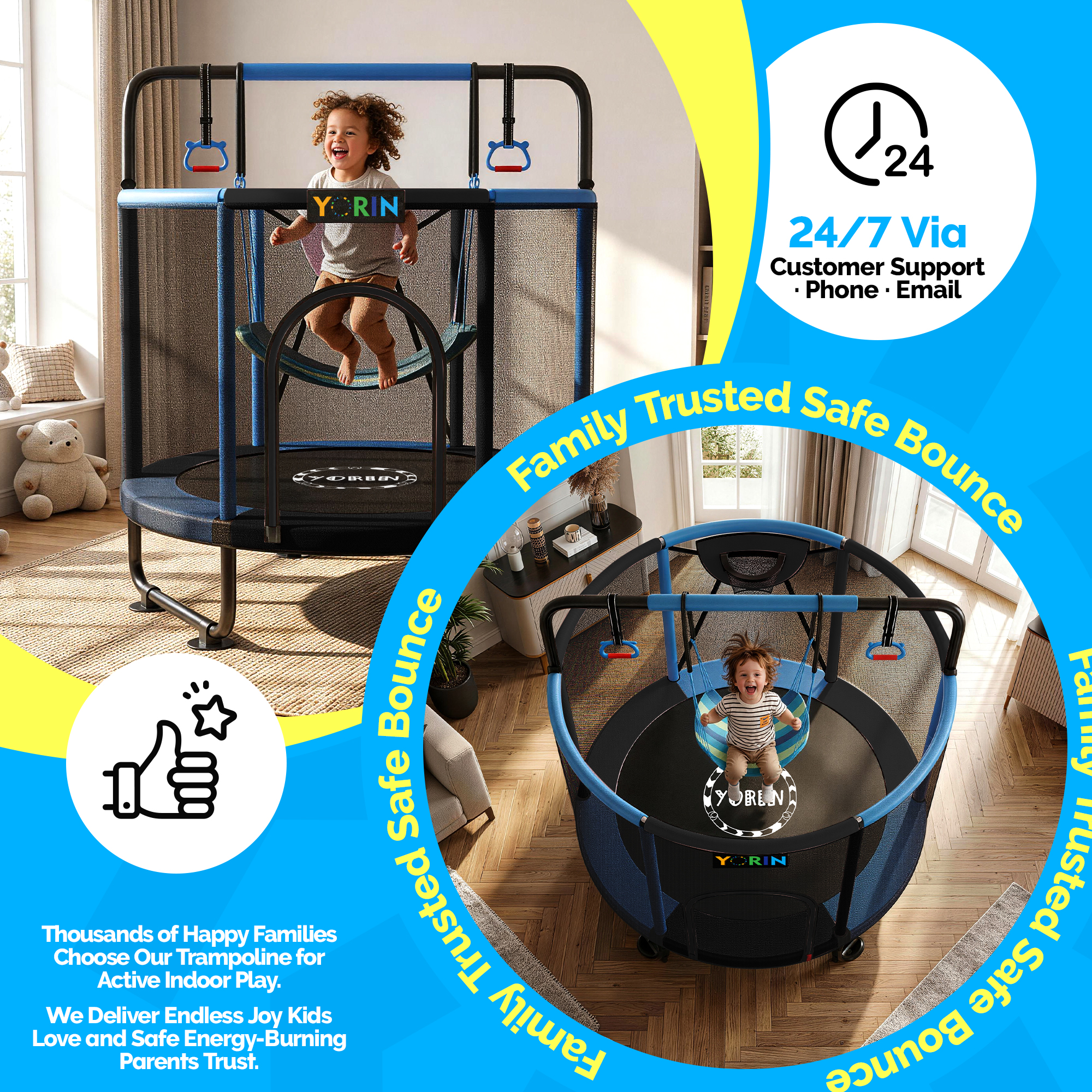 YORIN Trampoline for Kids, 5FT Toddler Mini Trampoline with Enclosure Net, Basketball Hoop, 60'' Indoor/Outdoor Kids Trampoline with Swing, Adjustable Gymnastics Bars, Gifts for Boys & Girls, 600LBS, Black - Image 3