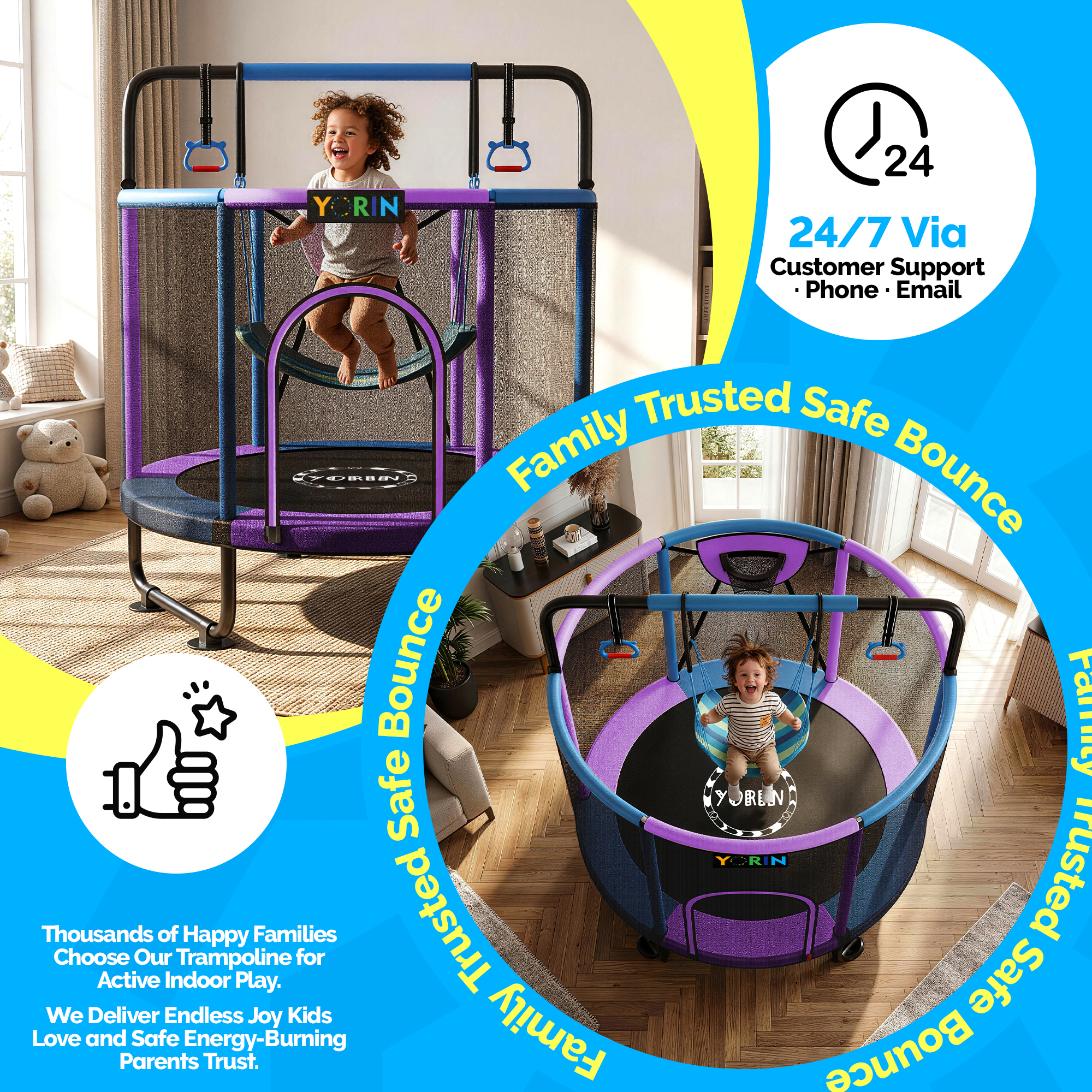 YORIN Trampoline for Kids, 5FT Toddler Mini Trampoline with Enclosure Net, Basketball Hoop, 60'' Indoor/Outdoor Kids Trampoline with Swing, Adjustable Gymnastics Bars, Gifts for Boys & Girls, 600LBS - Image 2