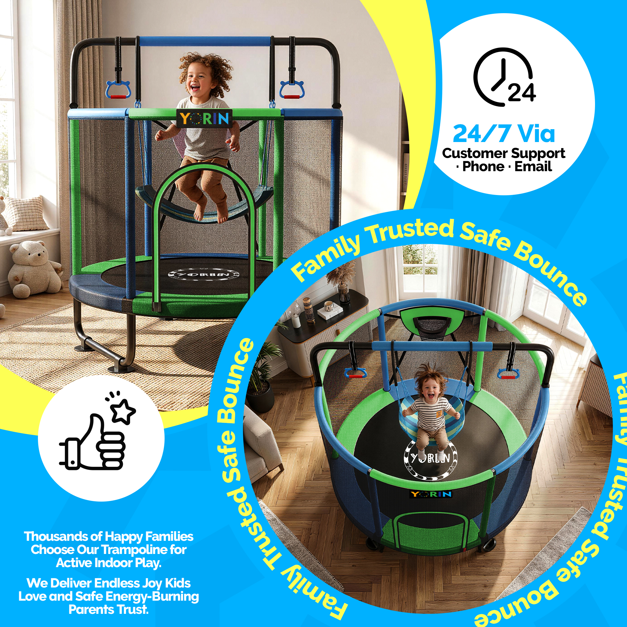 YORIN Trampoline for Kids, 5FT Toddler Mini Trampoline with Enclosure Net, Basketball Hoop, 60'' Indoor/Outdoor Kids Trampoline with Swing, Adjustable Gymnastics Bars, Gifts for Boys & Girls, 600LBS (Copy) - Image 2