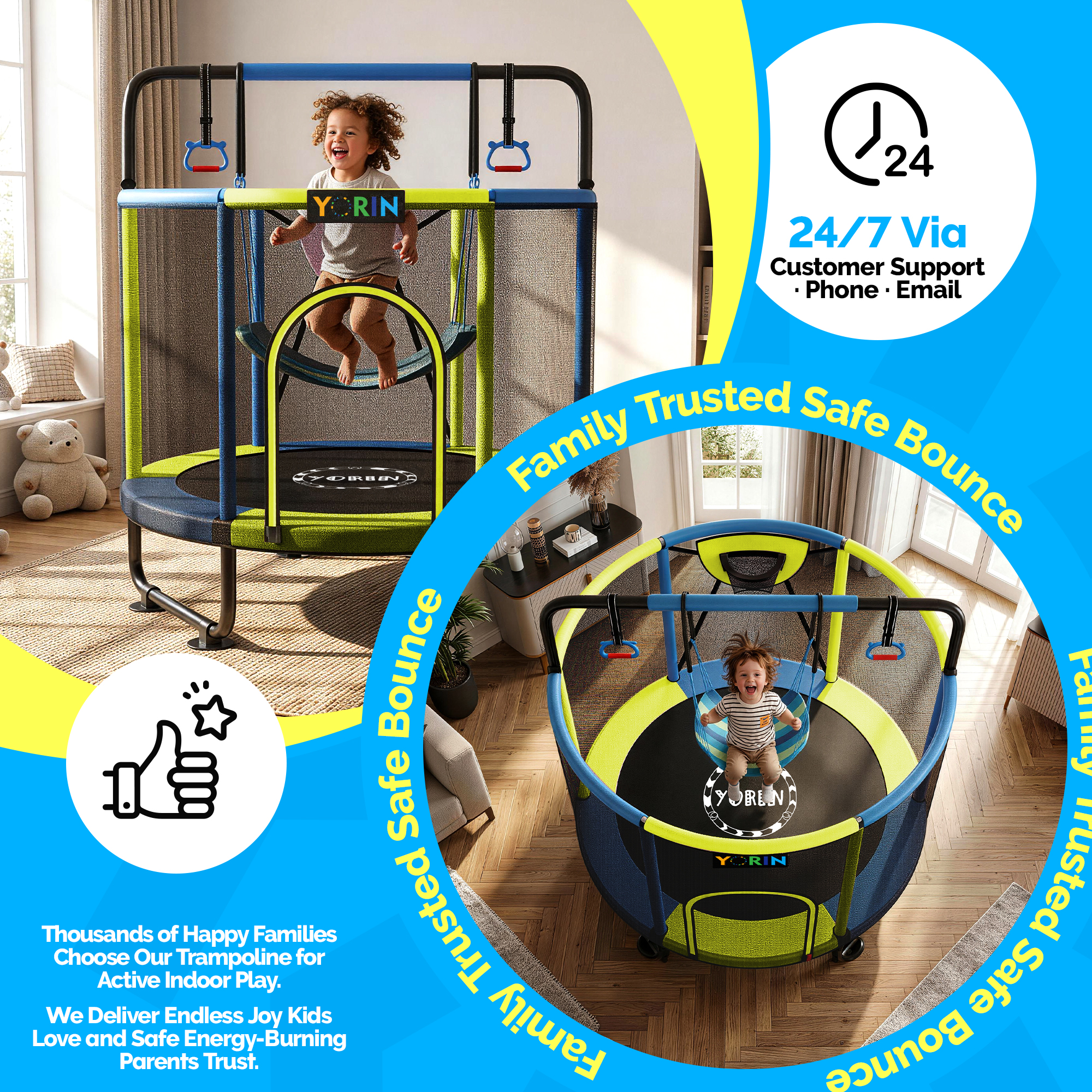 YORIN Trampoline for Kids, 5FT Toddler Mini Trampoline with Enclosure Net, Basketball Hoop, 60'' Indoor/Outdoor Kids Trampoline with Swing, Adjustable Gymnastics Bars, Gifts for Boys & Girls, 600LBS - Image 2