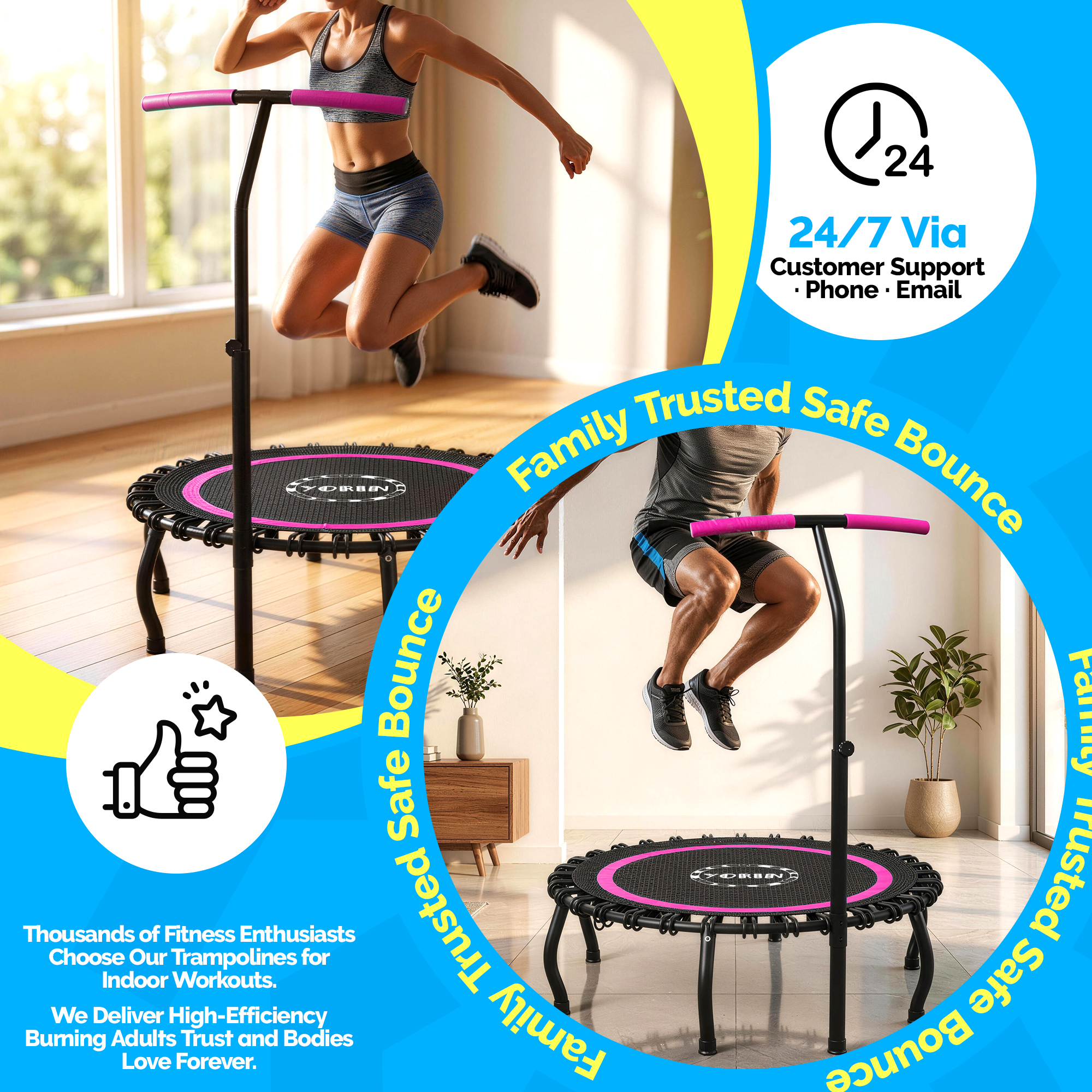 YORIN Rebounder Foldable Trampoline for Adults, 330LBS Fitness Indoor Trampoline, 40" Mini Exercise Trampoline with Bungees, 3 Level Adjustable Foam Handle Bar, Stable Quiet Small Trampoline, Pink - Image 8