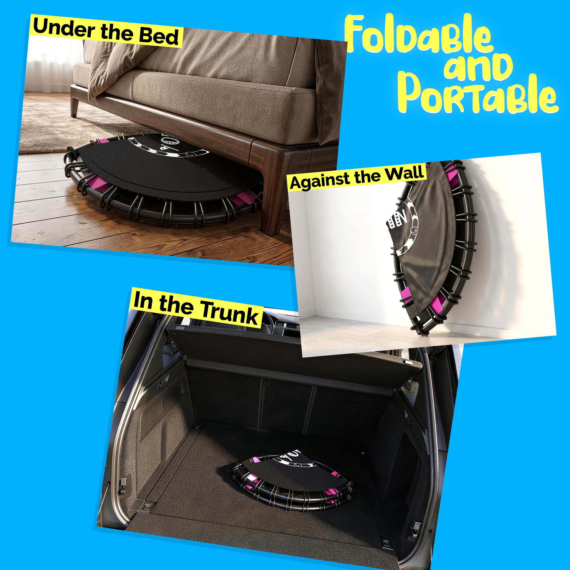 YORIN Rebounder Foldable Trampoline for Adults, 330LBS Fitness Indoor Trampoline, 40" Mini Exercise Trampoline with Bungees, 3 Level Adjustable Foam Handle Bar, Stable Quiet Small Trampoline, Pink - Image 7