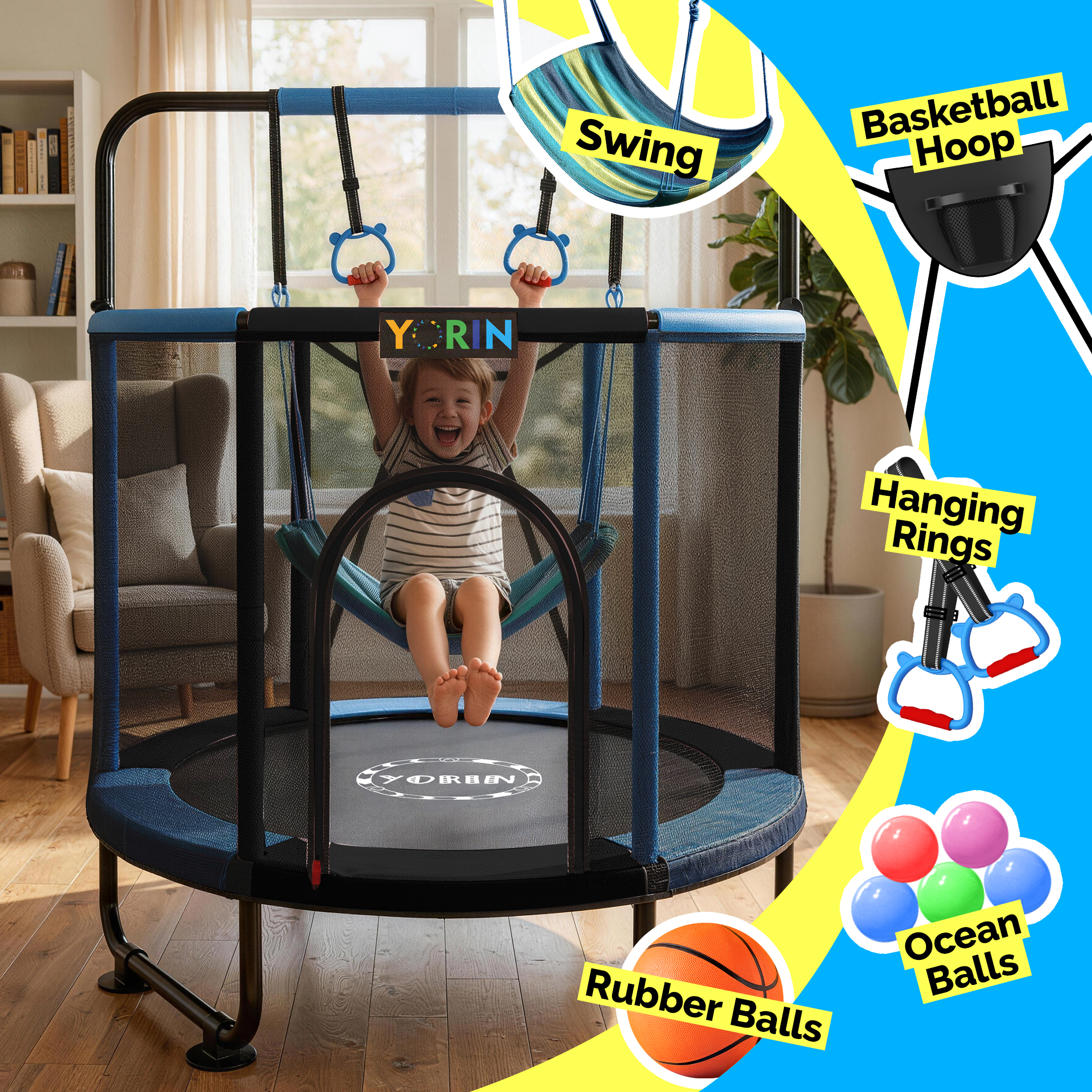 YORIN Trampoline for Kids, 5FT Toddler Mini Trampoline with Enclosure Net, Basketball Hoop, 60'' Indoor/Outdoor Kids Trampoline with Swing, Adjustable Gymnastics Bars, Gifts for Boys & Girls, 600LBS, Black - Image 4