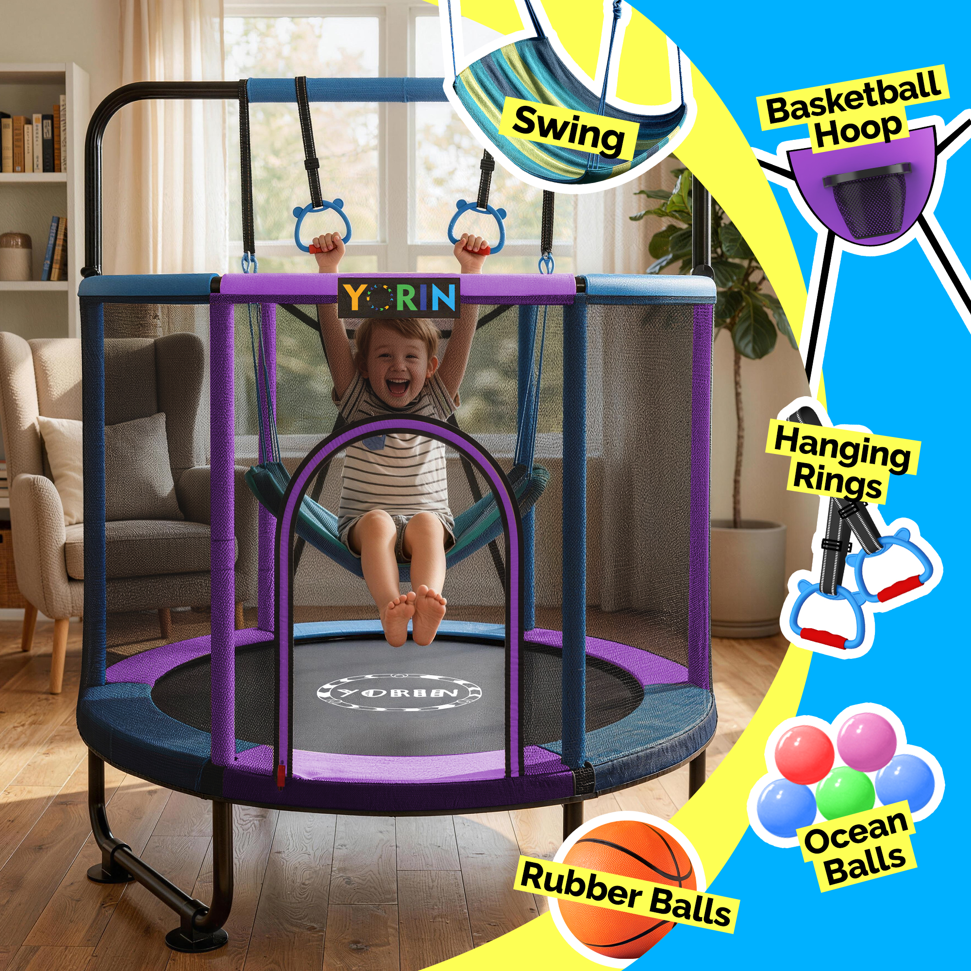 YORIN Trampoline for Kids, 5FT Toddler Mini Trampoline with Enclosure Net, Basketball Hoop, 60'' Indoor/Outdoor Kids Trampoline with Swing, Adjustable Gymnastics Bars, Gifts for Boys & Girls, 600LBS - Image 3