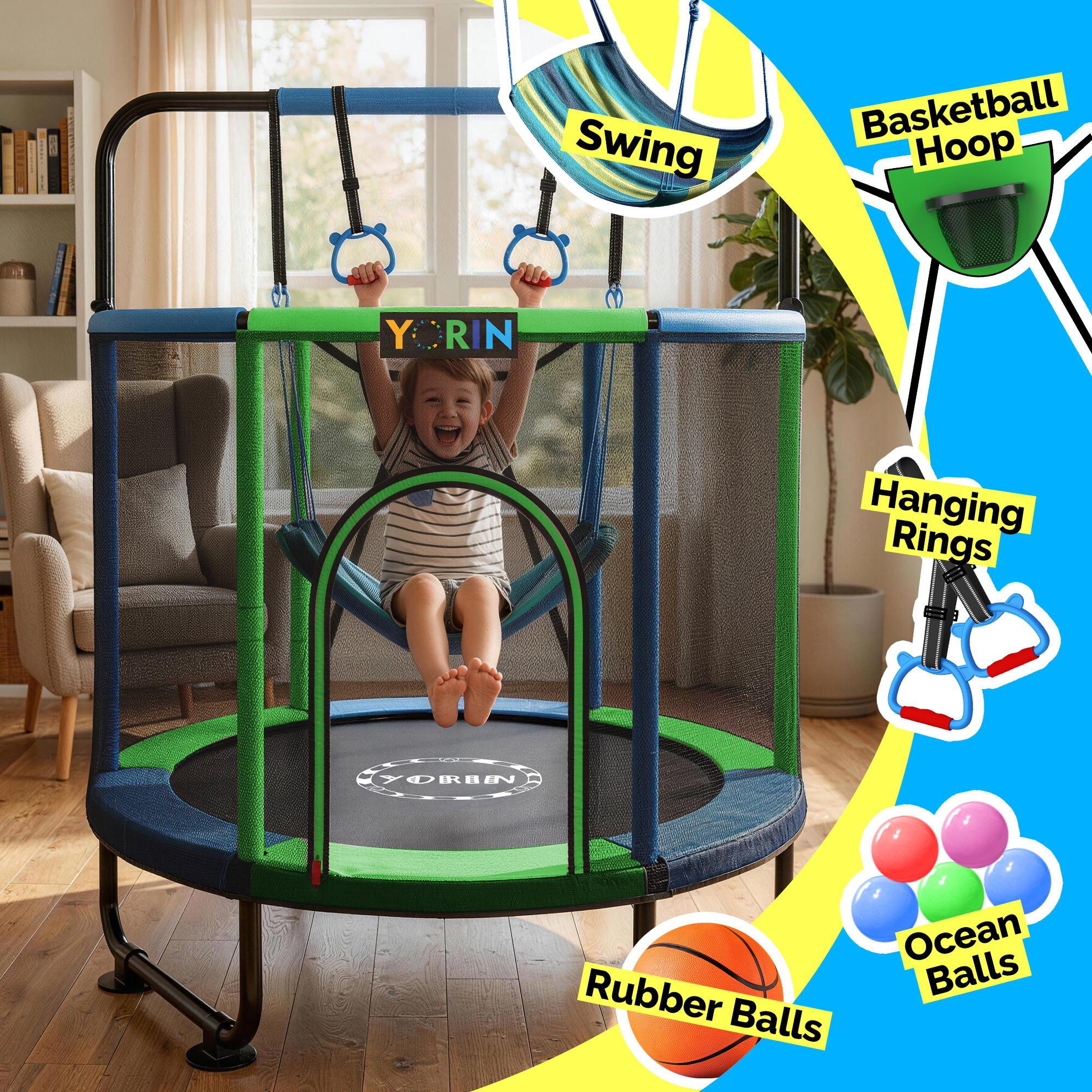 YORIN Trampoline for Kids, 5FT Toddler Mini Trampoline with Enclosure Net, Basketball Hoop, 60'' Indoor/Outdoor Kids Trampoline with Swing, Adjustable Gymnastics Bars, Gifts for Boys & Girls, 600LBS (Copy) - Image 3