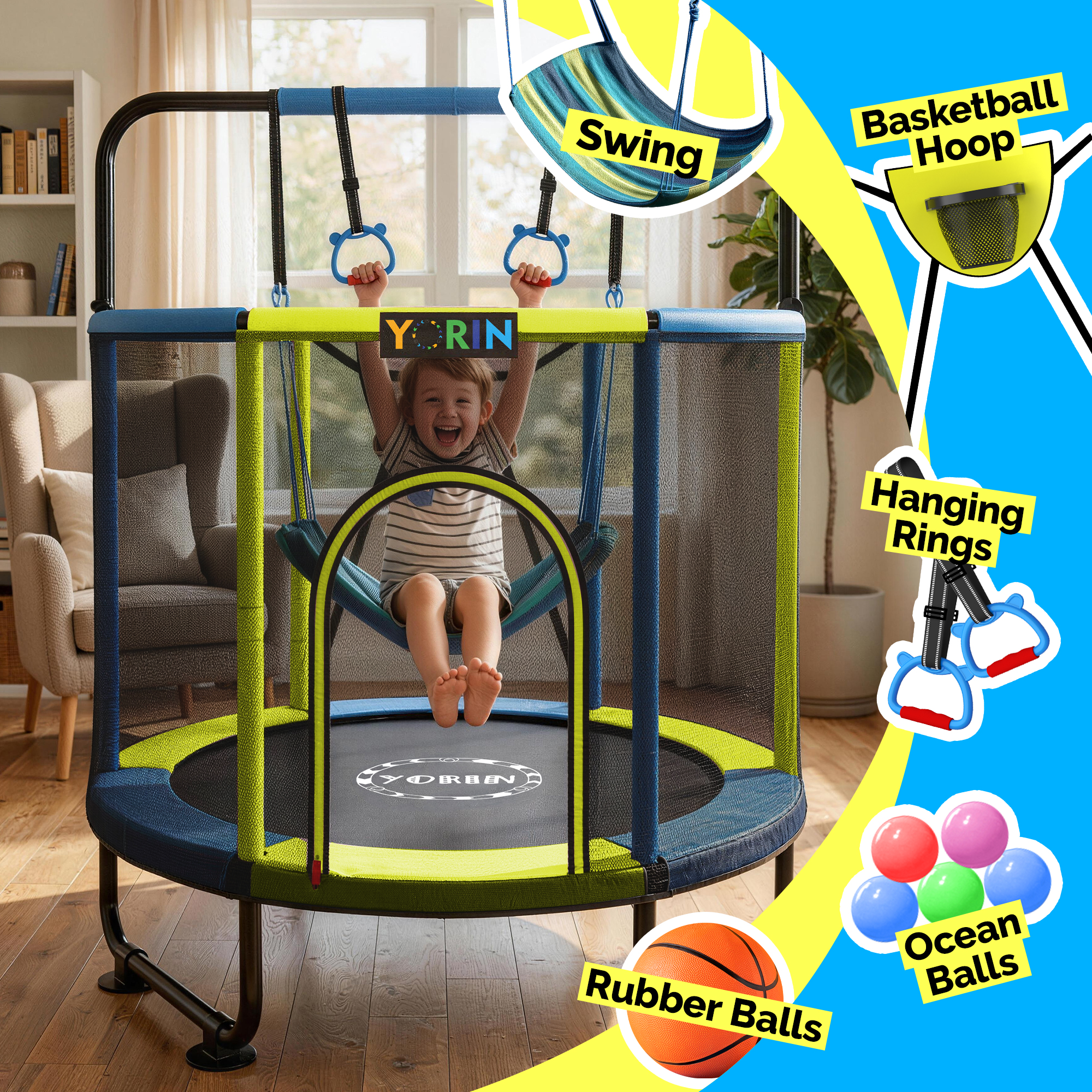 YORIN Trampoline for Kids, 5FT Toddler Mini Trampoline with Enclosure Net, Basketball Hoop, 60'' Indoor/Outdoor Kids Trampoline with Swing, Adjustable Gymnastics Bars, Gifts for Boys & Girls, 600LBS - Image 3