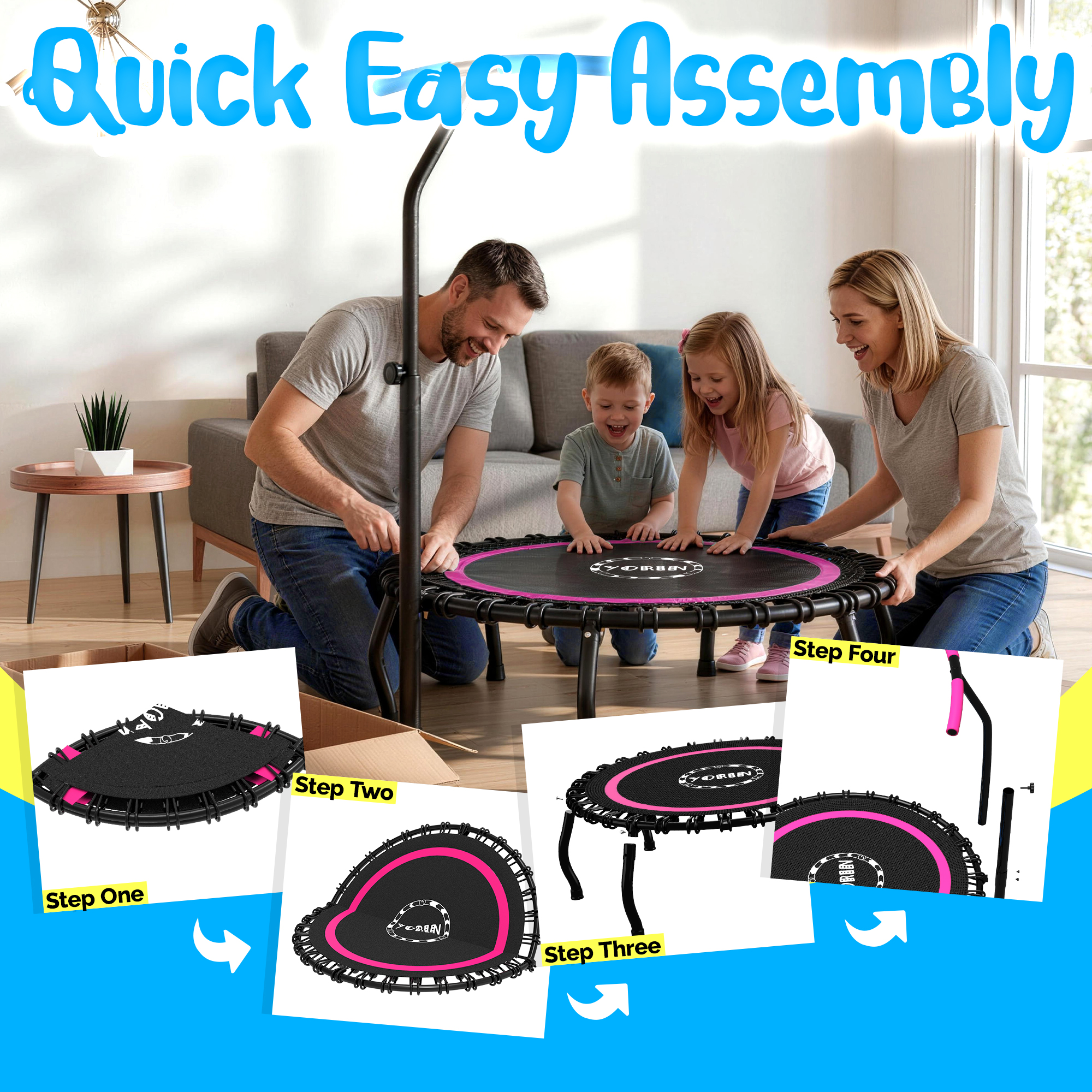 YORIN Rebounder Foldable Trampoline for Adults, 330LBS Fitness Indoor Trampoline, 40" Mini Exercise Trampoline with Bungees, 3 Level Adjustable Foam Handle Bar, Stable Quiet Small Trampoline, Pink - Image 6