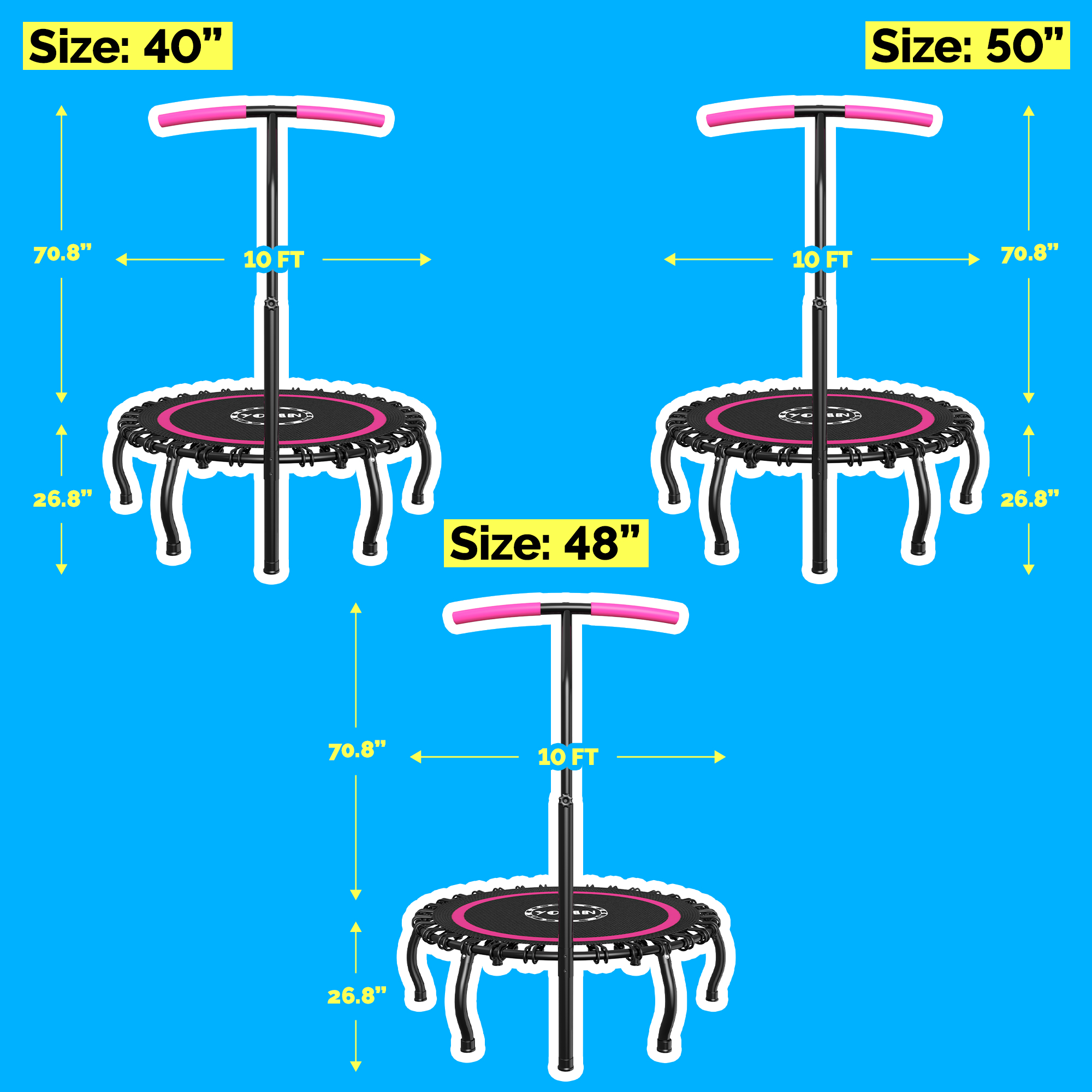 YORIN Rebounder Foldable Trampoline for Adults, 330LBS Fitness Indoor Trampoline, 40" Mini Exercise Trampoline with Bungees, 3 Level Adjustable Foam Handle Bar, Stable Quiet Small Trampoline, Pink - Image 5