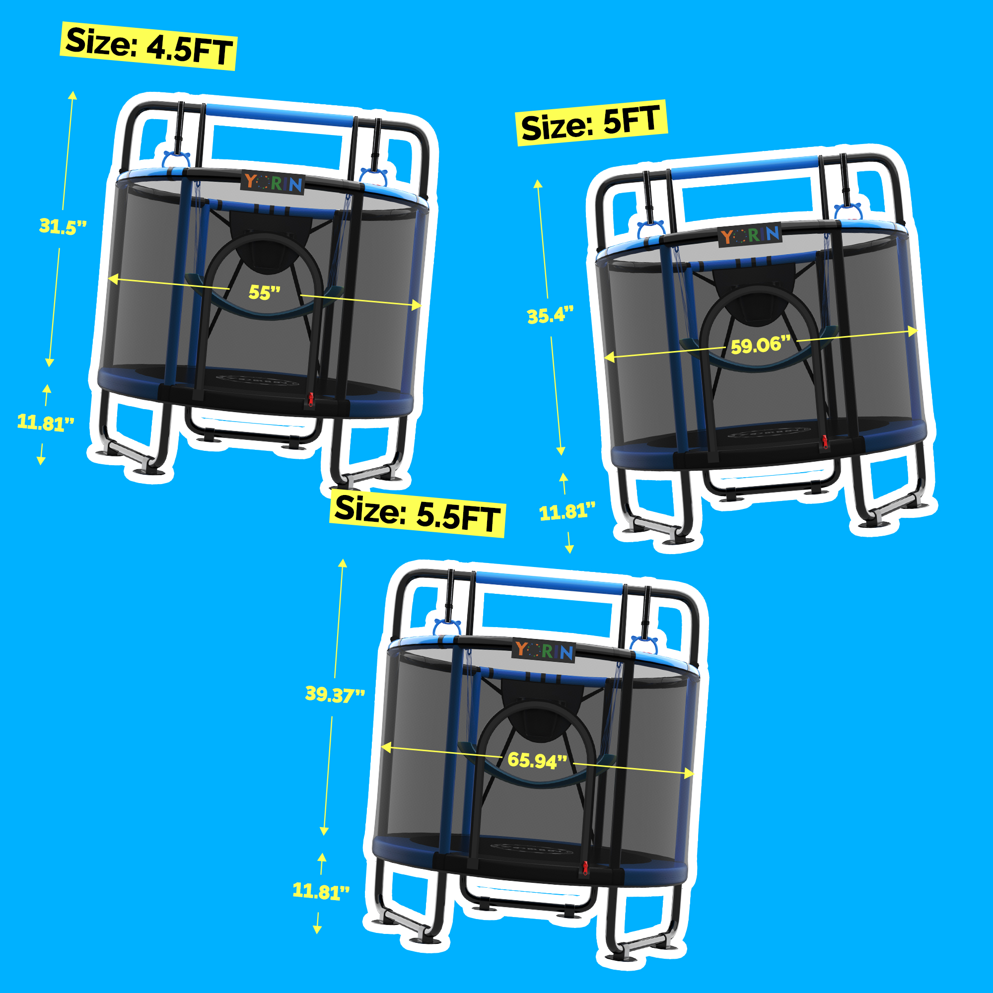 YORIN Trampoline for Kids, 5FT Toddler Mini Trampoline with Enclosure Net, Basketball Hoop, 60'' Indoor/Outdoor Kids Trampoline with Swing, Adjustable Gymnastics Bars, Gifts for Boys & Girls, 600LBS, Black - Image 7