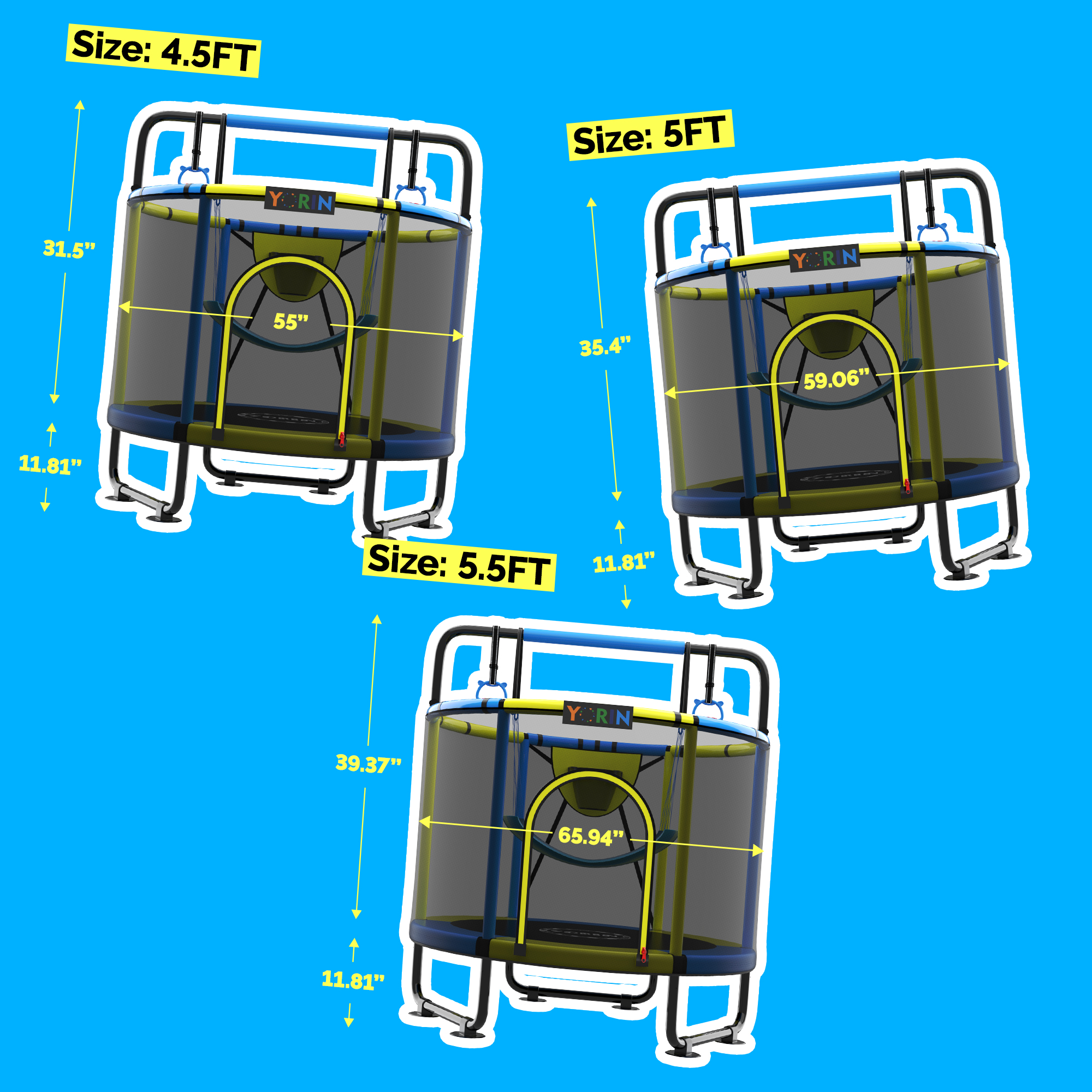 YORIN Trampoline for Kids, 5FT Toddler Mini Trampoline with Enclosure Net, Basketball Hoop, 60'' Indoor/Outdoor Kids Trampoline with Swing, Adjustable Gymnastics Bars, Gifts for Boys & Girls, 600LBS - Image 5