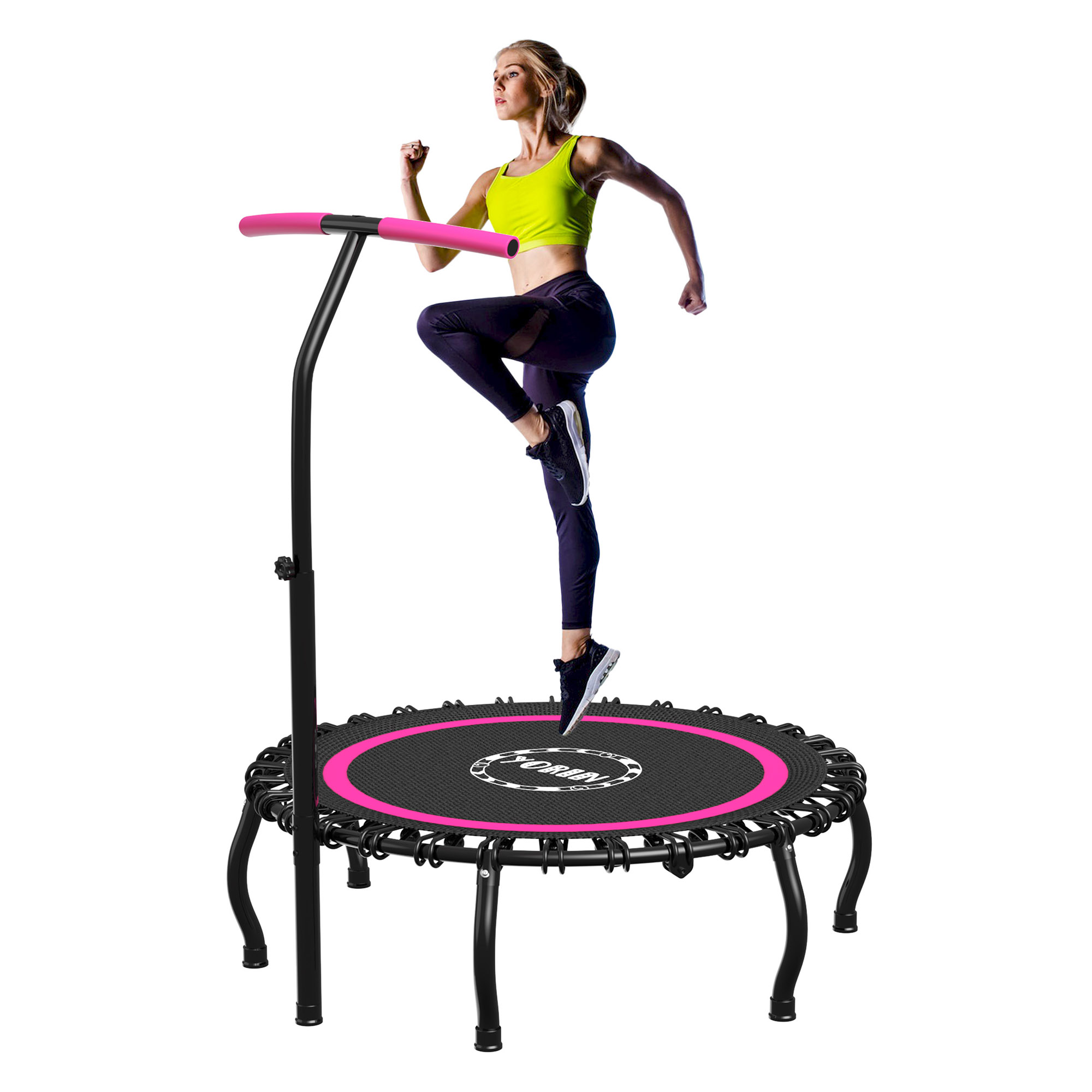 YORIN Rebounder Foldable Trampoline for Adults, 330LBS Fitness Indoor Trampoline, 40" Mini Exercise Trampoline with Bungees, 3 Level Adjustable Foam Handle Bar, Stable Quiet Small Trampoline, Pink