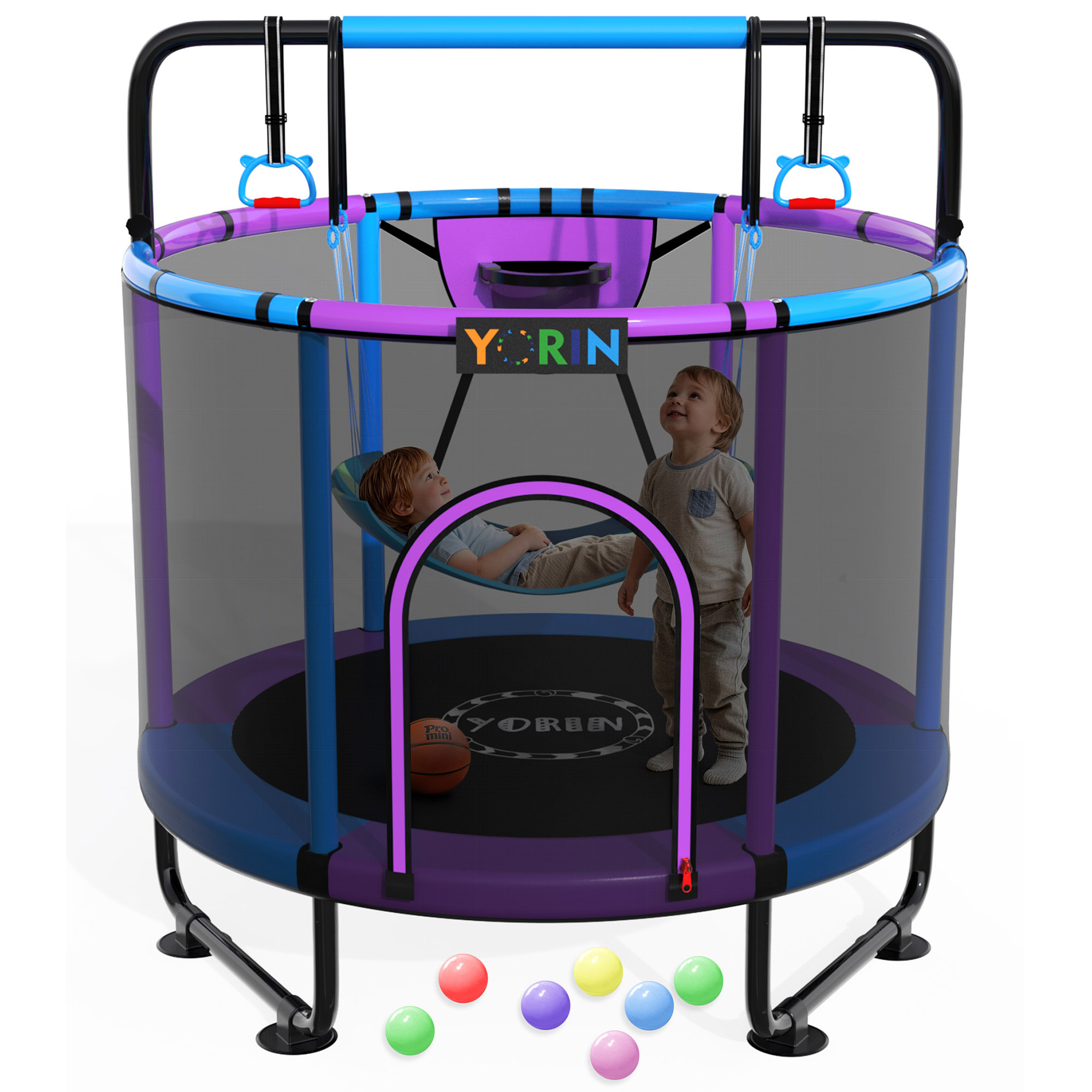 YORIN Trampoline for Kids, 5FT Toddler Mini Trampoline with Enclosure Net, Basketball Hoop, 60'' Indoor/Outdoor Kids Trampoline with Swing, Adjustable Gymnastics Bars, Gifts for Boys & Girls, 600LBS