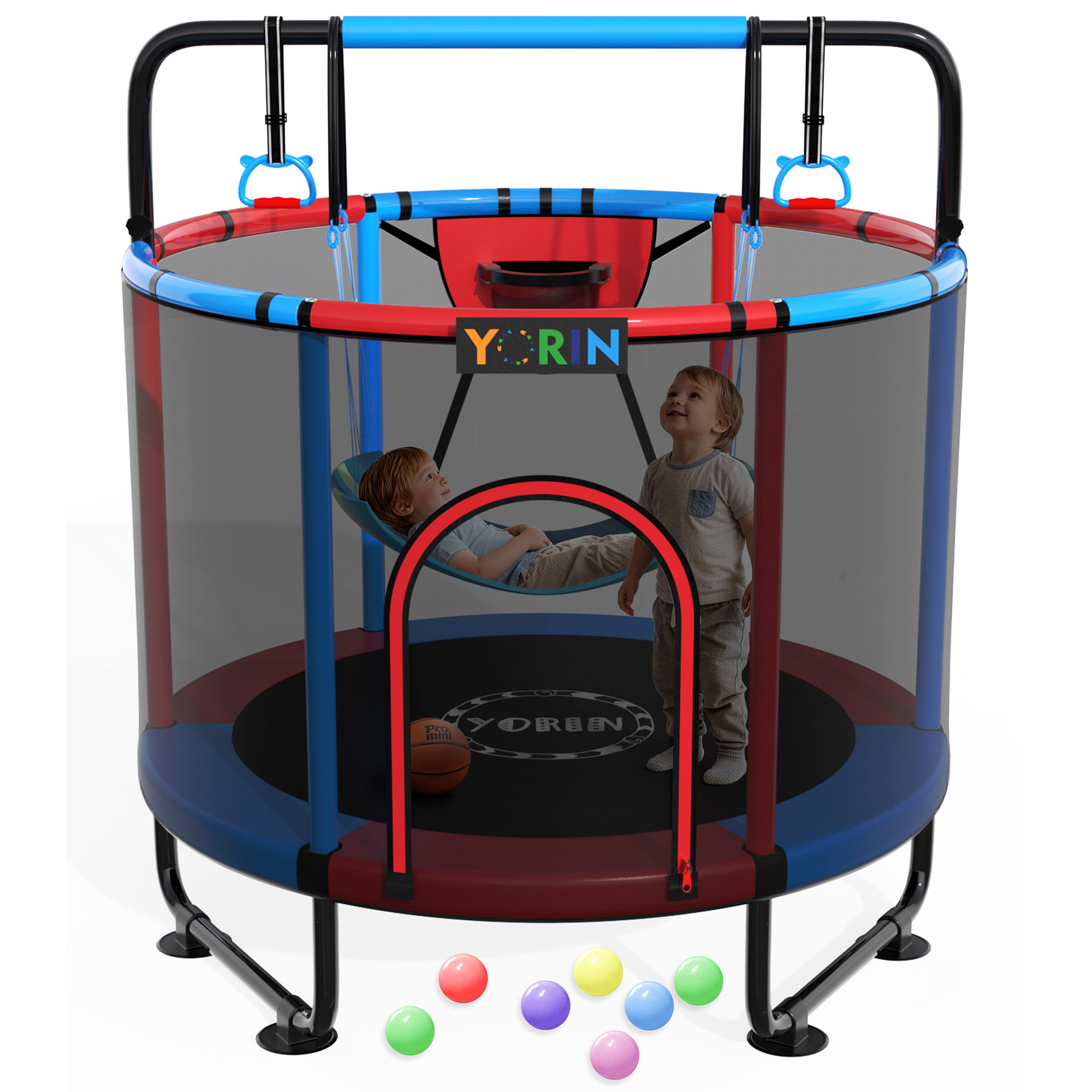 YORIN Trampoline for Kids, 5FT Toddler Mini Trampoline with Enclosure Net, Basketball Hoop, 60'' Indoor/Outdoor Kids Trampoline with Swing, Adjustable Gymnastics Bars, Gifts for Boys & Girls, 600LBS