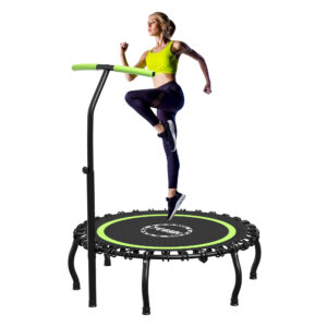 YORIN Rebounder Foldable Trampoline for Adults, 330LBS Fitness Indoor Trampoline, 50" Mini Exercise Trampoline with Bungees, 3 Level Adjustable Foam Handle Bar, Stable Quiet Small Trampoline, Green