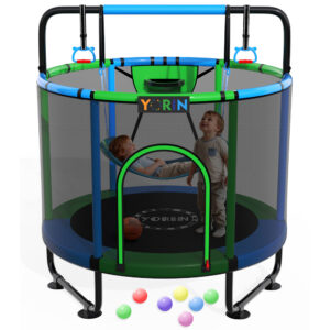YORIN Trampoline for Kids, 5FT Toddler Mini Trampoline with Enclosure Net, Basketball Hoop, 60'' Indoor/Outdoor Kids Trampoline with Swing, Adjustable Gymnastics Bars, Gifts for Boys & Girls, 600LBS (Copy)