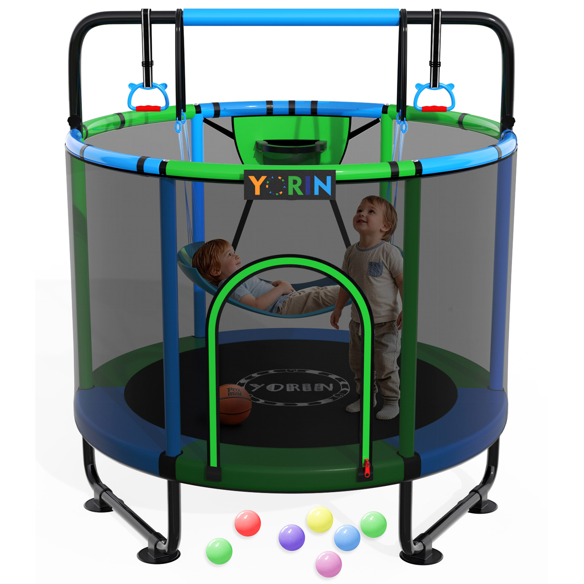 YORIN Trampoline for Kids, 5FT Toddler Mini Trampoline with Enclosure Net, Basketball Hoop, 60'' Indoor/Outdoor Kids Trampoline with Swing, Adjustable Gymnastics Bars, Gifts for Boys & Girls, 600LBS (Copy)