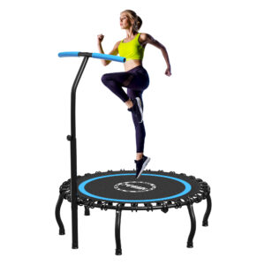 YORIN Rebounder Foldable Trampoline for Adults, 330LBS Fitness Indoor Trampoline, 50" Mini Exercise Trampoline with Bungees, 3 Level Adjustable Foam Handle Bar, Stable Quiet Small Trampoline,Blue