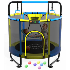 YORIN Trampoline for Kids, 5FT Toddler Mini Trampoline with Enclosure Net, Basketball Hoop, 60'' Indoor/Outdoor Kids Trampoline with Swing, Adjustable Gymnastics Bars, Gifts for Boys & Girls, 600LBS