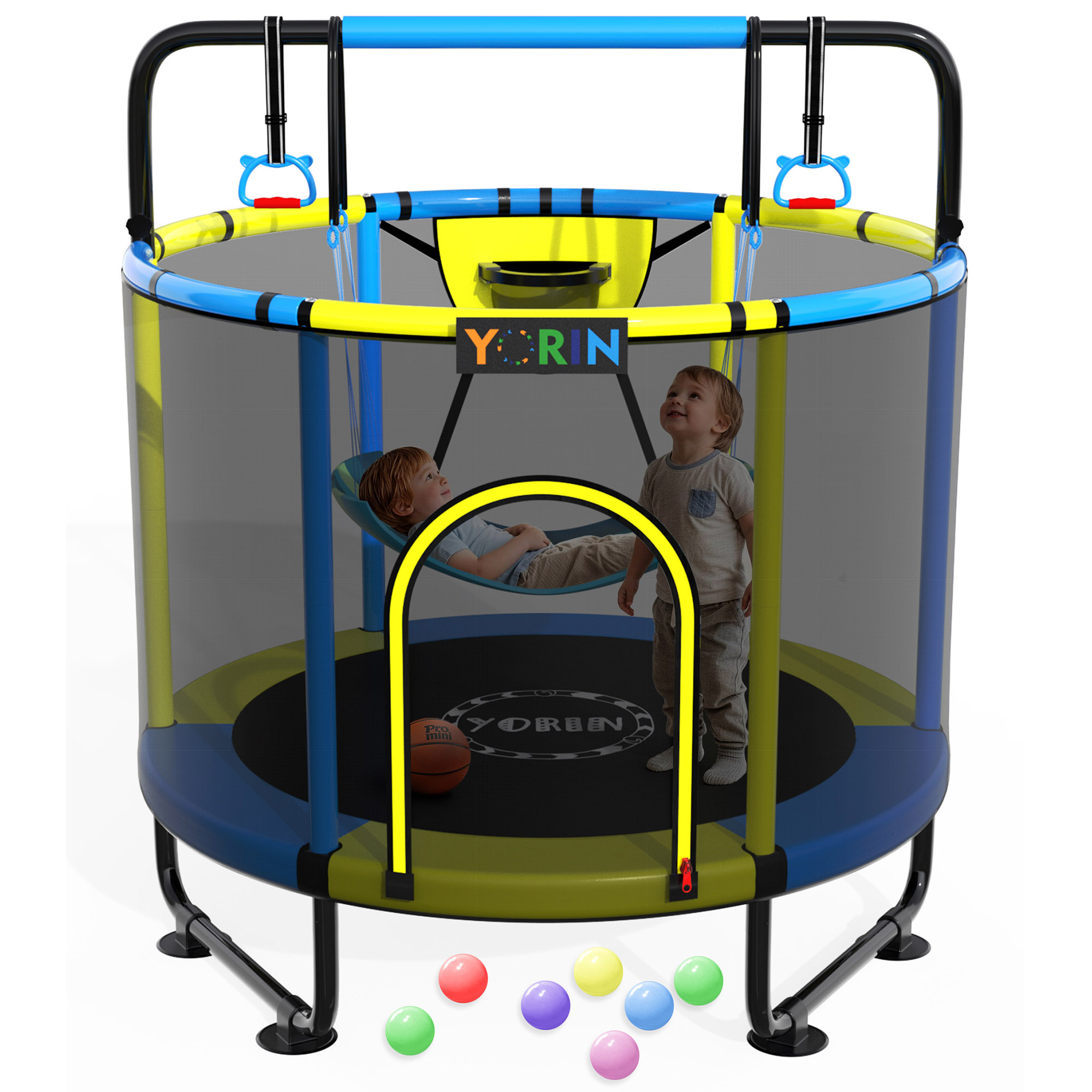 YORIN Trampoline for Kids, 5FT Toddler Mini Trampoline with Enclosure Net, Basketball Hoop, 60'' Indoor/Outdoor Kids Trampoline with Swing, Adjustable Gymnastics Bars, Gifts for Boys & Girls, 600LBS