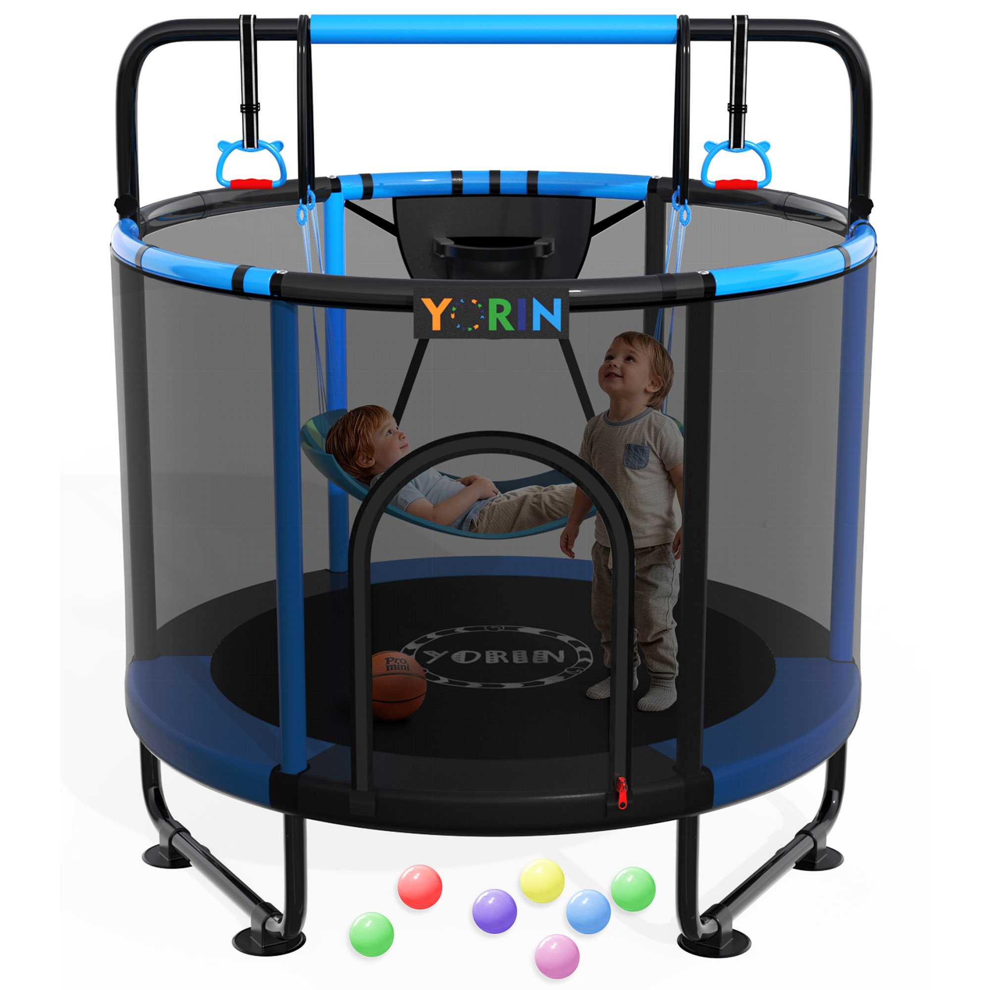 YORIN Trampoline for Kids, 5FT Toddler Mini Trampoline with Enclosure Net, Basketball Hoop, 60'' Indoor/Outdoor Kids Trampoline with Swing, Adjustable Gymnastics Bars, Gifts for Boys & Girls, 600LBS, Black