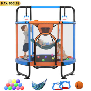 YORIN Trampoline for Kids, 5FT Toddler Mini Trampoline with Enclosure Net, Basketball Hoop, 60'' Indoor/Outdoor Kids Trampoline with Swing, Adjustable Gymnastics Bars, Gifts for Boys & Girls, 600LBS, Orange
