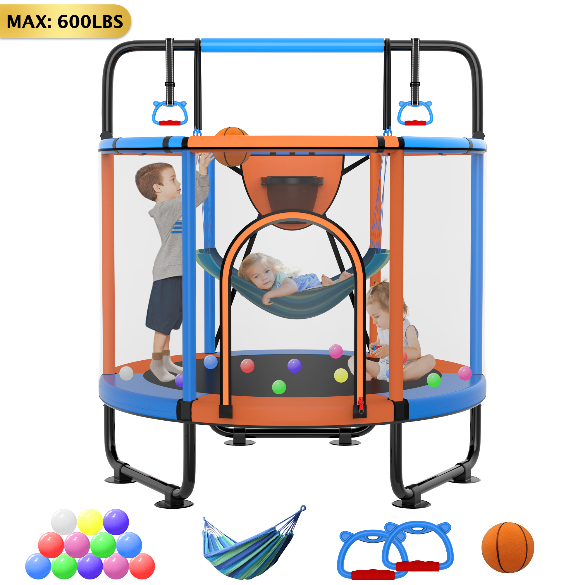 YORIN Trampoline for Kids, 5FT Toddler Mini Trampoline with Enclosure Net, Basketball Hoop, 60'' Indoor/Outdoor Kids Trampoline with Swing, Adjustable Gymnastics Bars, Gifts for Boys & Girls, 600LBS, Orange
