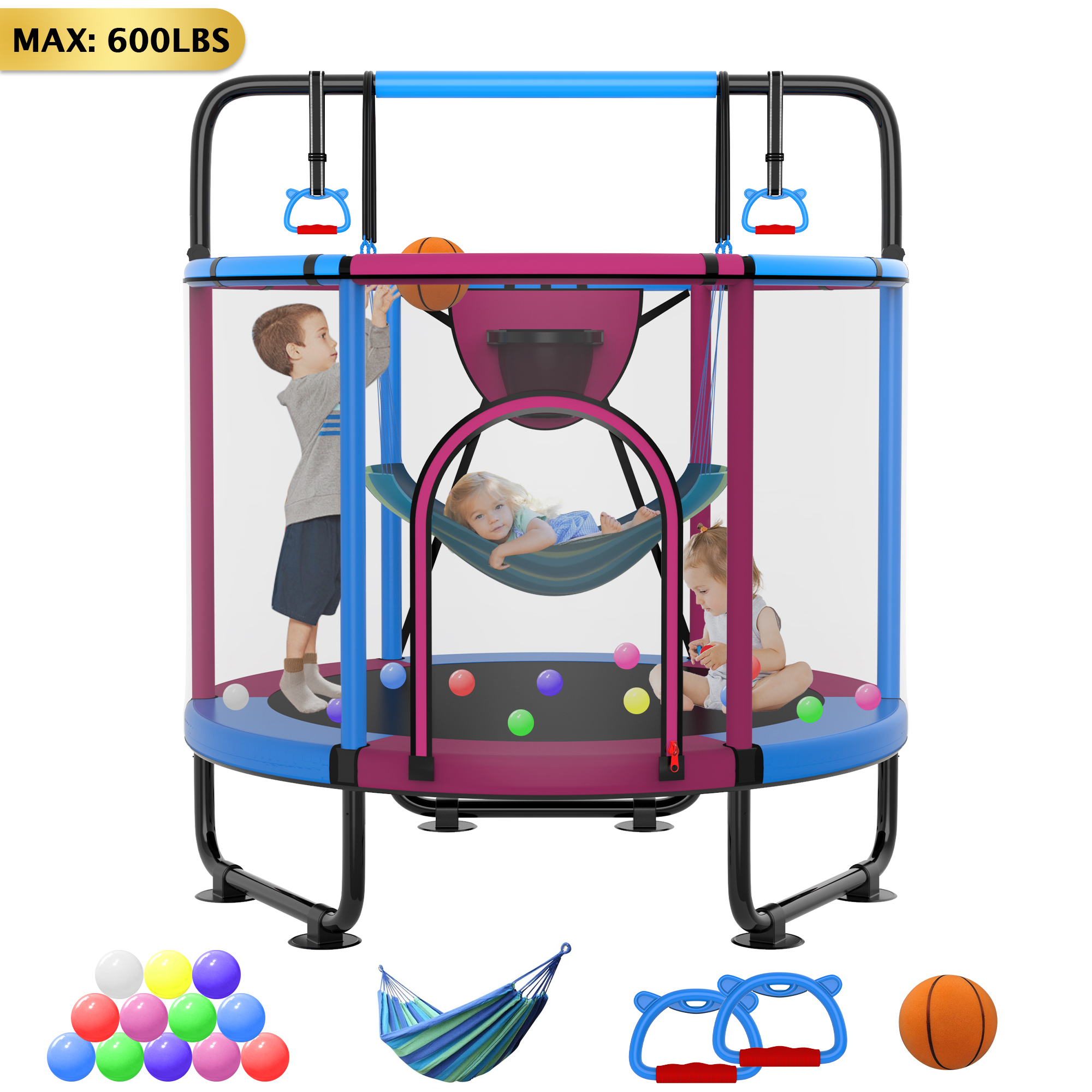 YORIN Trampoline for Kids, 5FT Toddler Mini Trampoline with Enclosure Net, Basketball Hoop, 60'' Indoor/Outdoor Kids Trampoline with Swing, Adjustable Gymnastics Bars, Gifts for Boys & Girls, 600LBS, Deep Pink